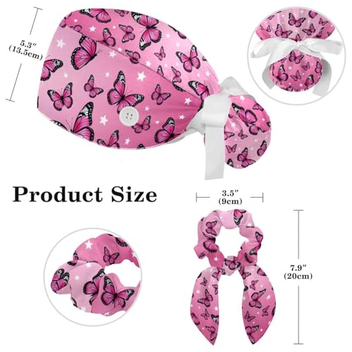 Image of Colored Butterflies Scrub Caps Women Ponytail, Adjustable Bouffant Surgical Caps with Button, Nurse Hats Long Hair
