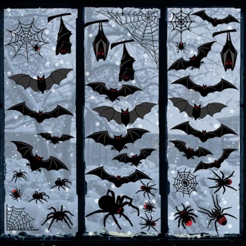 Ivenf Halloween Decorations Window Clings Decor, Large Scary Silhouette Bats Spider Kids School Home Office Accessories Party Supplies Gifts, 6 Sheet 59pcs