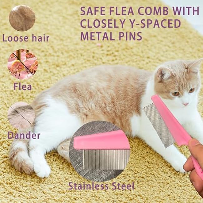 Cat Grooming Brush Kit 6 Tools - Deshedding & Dematting for Long/Short Hair, Self-Cleaning Slicker Brush with 6-in-1 Flea Comb for Cats & Kittens (Pink)-6Eb0xUM7