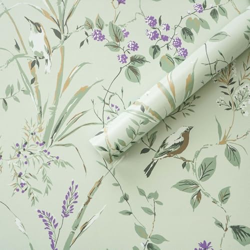 Heroad Green Floral Wallpaper Cottage Botanical Peel and Stick Wallpaper Bird Vintage Contact Paper Removable Self Adhesive Waterproof for Bathroom Bedroom Living Room Vinyl 17.3”x78.7”