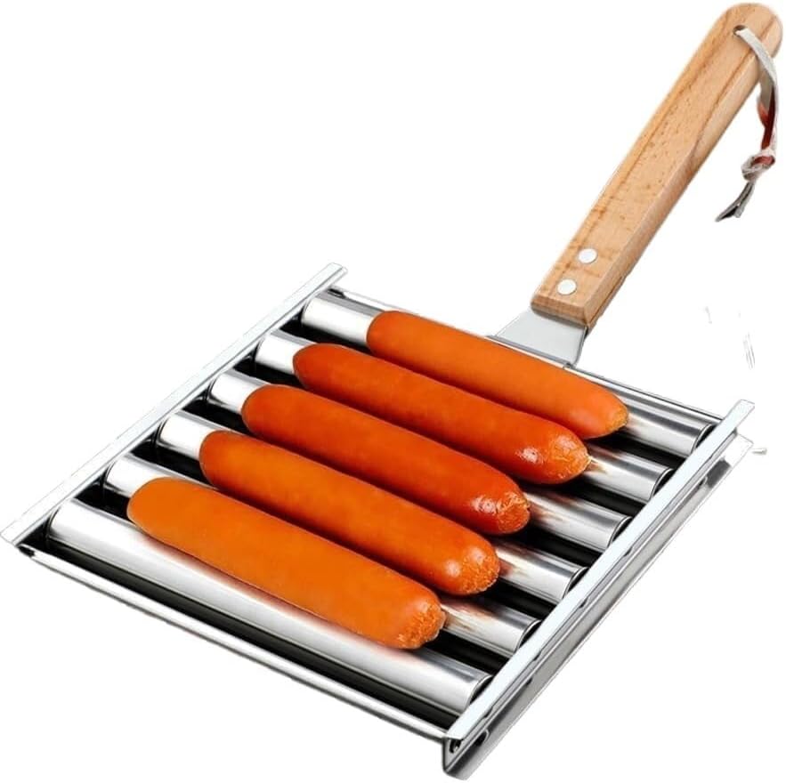 Professional 5-Sausage BBQ Grill Roller with Detachable Wooden Handle, Heat-Resistant Stainless Steel Hot Dog Roster for Outdoor Cooking, Non-Stick Easy-Clean Camping Picnic Accessories