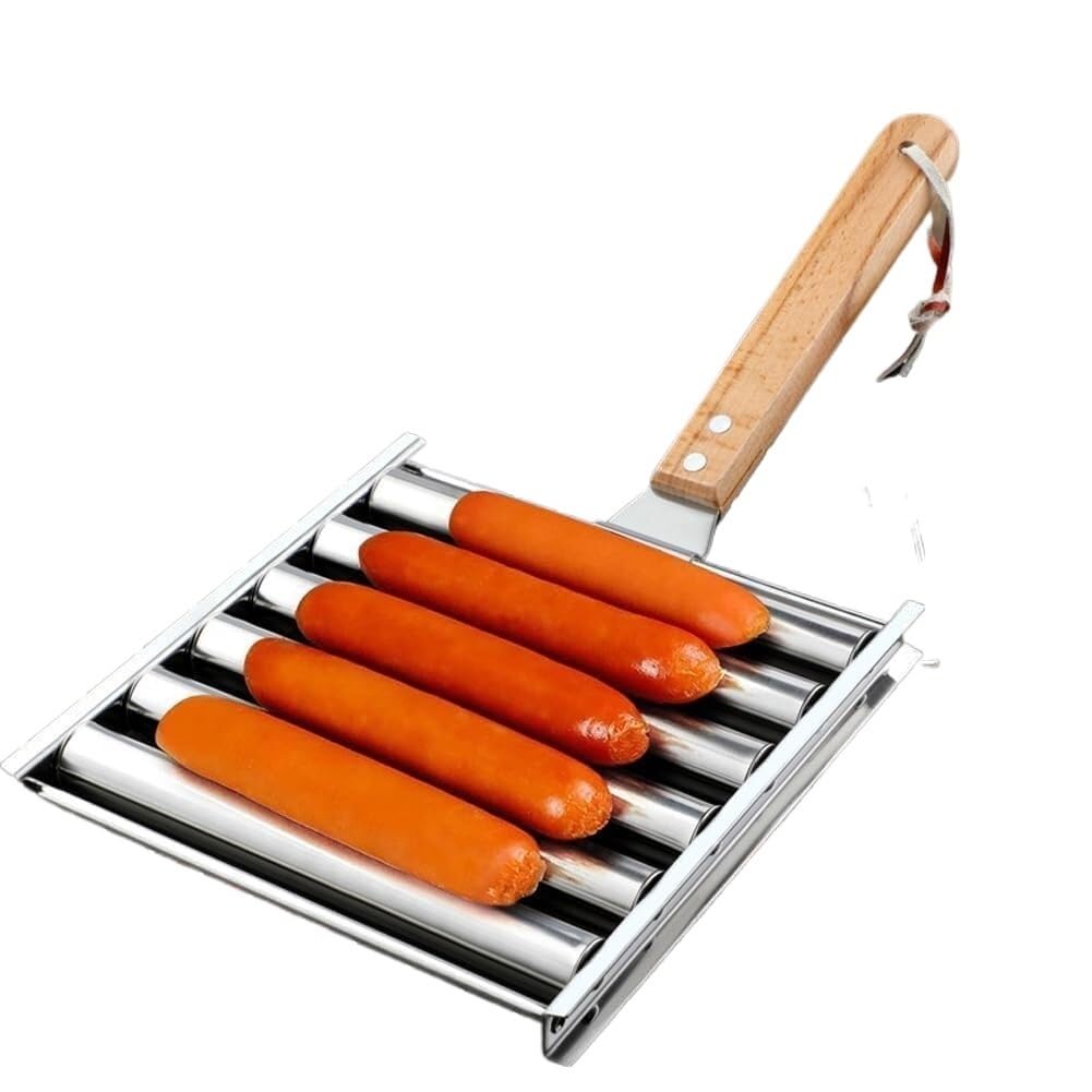 Rouleau de barbecue pour 5 saucisses avec poignée amovible en bois