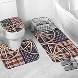Badteppich 3 Stück Weiche saugfähige Badematten,Zwei antike Wagenräder, die gegen ein Gebäude mit Holzseitenwand liegen Flagge d,Rutschfeste Badematte Teppiche und Toilettendeckelabdeckung Set Waschbar