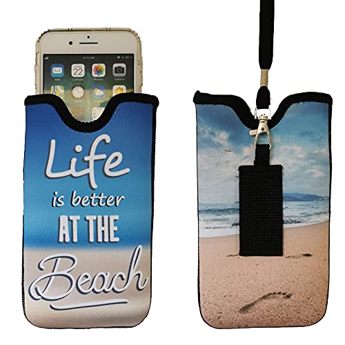 Tainada Men Women Neoprene Shockproof Phone Sleeve Pouch Carrying Case With Neck Lanyard, Belt Loop Holster For Iphone 14 / 13 /12 Pro Max, 14 Plus, Samsung S22, S21Fe, Google Pixel 6 (Beach Quote) #TOP6