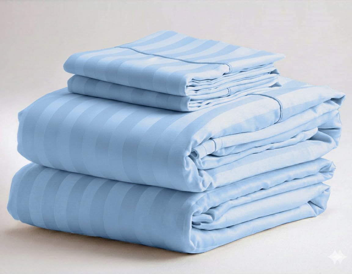 100% Egyptian Cotton, 1000 Thread Count Long Staple Cotton, 4-PC Bedsheet Set [Full Size, Sky Blue Stripe Color] Fits Upto 15" Deep Pocket, Breathable Soft Silky Sateen Weave