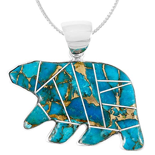 Turquoise Network Bear Pendant Necklace 925 Sterling Silver Genuine Gemstones & Gemstones (24