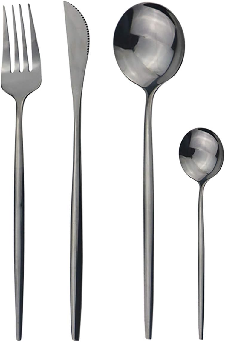 24pcs Dinnerware Set 18/0 Stainless Steel,Golden Flatware Set for 6 Person, Kitchen Silverware Cutlery Tableware Anti-rust Utensil Set, Steak Knife Set (Service for 6, White + gold)