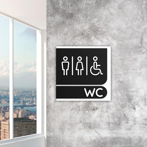Modern All-Gender Restroom Sign, WC with Universal Symbols, 15x15 cm, Black and White