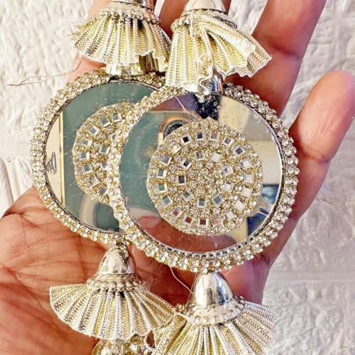 Image of Adikala Craft Store Handmade Ethnic Silk Latkan Tassel Set of 2 for Saree Pallu, Blouse, Suits, Dupatta, Lehenga Decor | Wedding Festival Occasion (Water Gold Mirror)