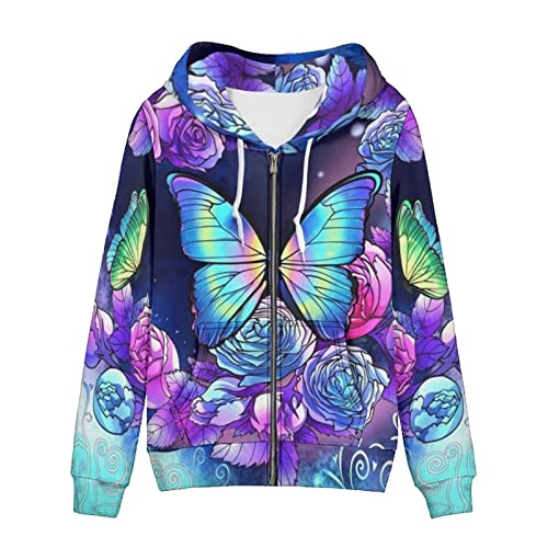 Showudesigns Butterfly Womens Hoodies Zip Up Jackets Plus Size 2Xl Long Sleeve Athletic Yoga Clothing Hooded Sweatshirt Pullover Rose Purple Blue Sweater For Teens Outfits Y2K Cardigans #TOP2