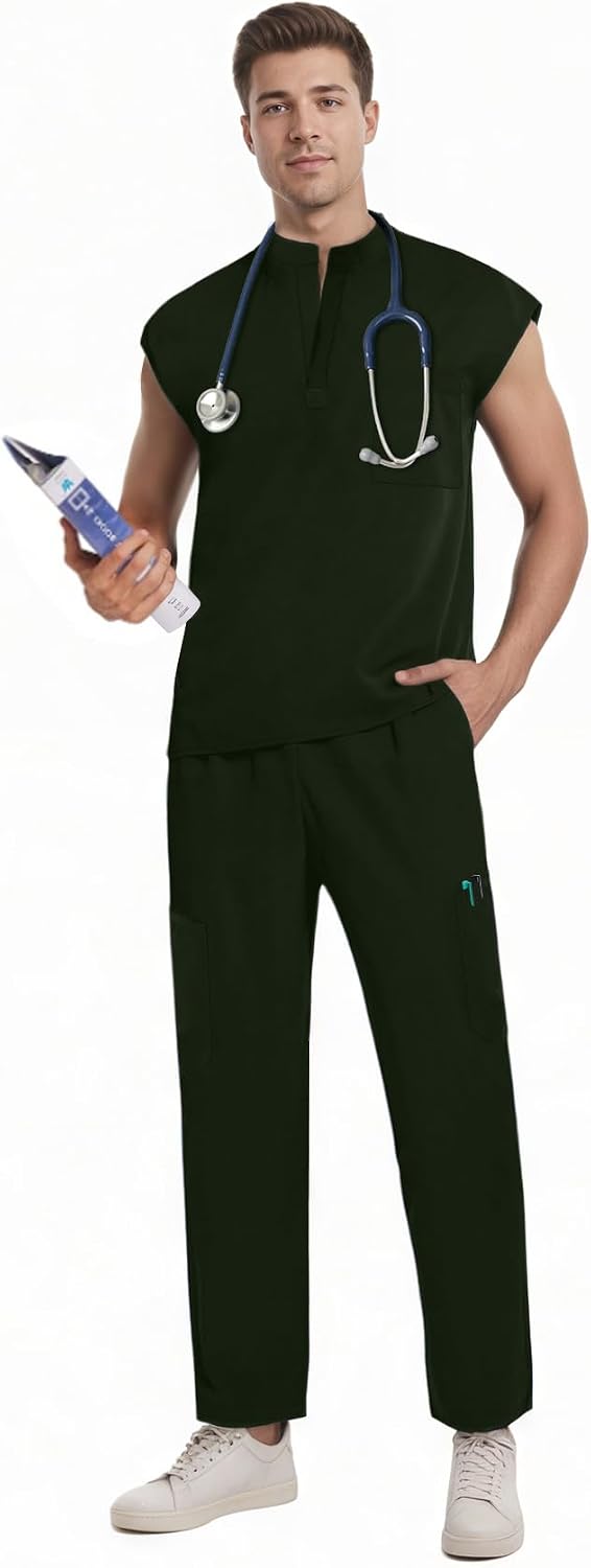 Scrubs for Men Set - V-Neck Scrub Top and Cargo Pants - 5 Pockets Men Scrubs Set (military green, L)