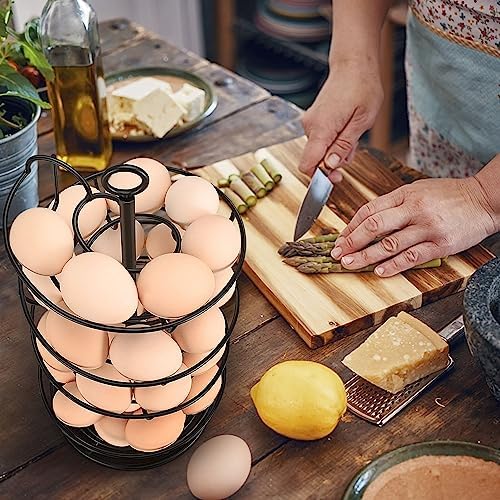 Flexzion Metal Egg Skelter Countertop Egg Holder - Sturdy Black Spiral Egg Holder with Bottom Basket and 360-Degree Rotatable Middle Pole Up to 36-Egg Capacity, Egg Storage Rack Solution