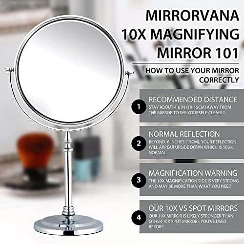 MIRRORVANA Large 10X Magnifying Makeup Mirror on Stand for Bedroom and Bathroom, Classic Free Standing Round Table Mirror with Double Sided 10X/1X Magnification, 38cm Tall and 20cm Wide