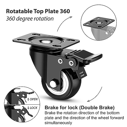 Image of 2 Inch Heavy-Duty PU Rubber Furniture Castor Wheels, 360 Swivel Caster Wheels with 2 Brakes & 2 Without Brakes for Furniture, Trolleys & Beds 400 kg Load Capacity (Black, Pack of 4)