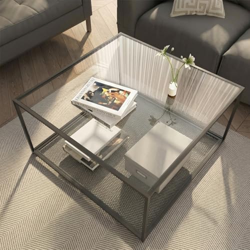 Black Glass Coffee Table, Square Coffee Tables with Storage Shelf, Simple Tea Cocktail Modern Center Tables for Small Space, Living Room, Easy Assembly, 26 * 26in（Black）