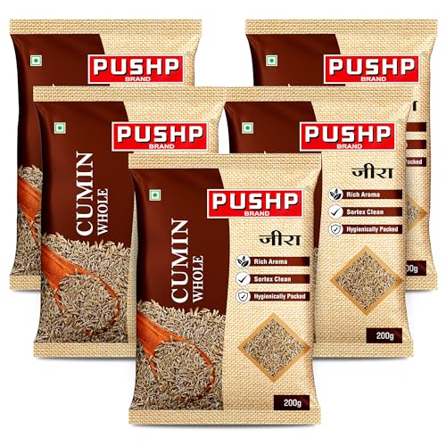 Image of Pushp Whole Jeera | 200g Pouch | Premium Cumin Seeds | Aromatic & Flavorful | Ideal for Cooking, Tadka, Seasoning (Pack of 5)
