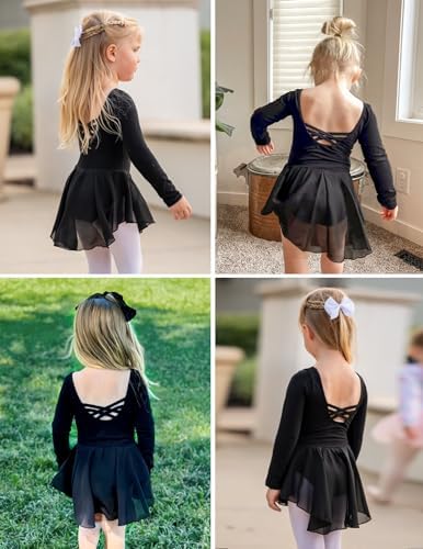Arshiner Kids Girls Classic Long Sleeve Leotard Dance Ballet Dress, Black, 130 - 4