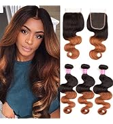 Lovenea Ombre Bundles with Closure Body Wave Human Hair 3 Bundles with 4x4 Lace Closure Ombre Bod...