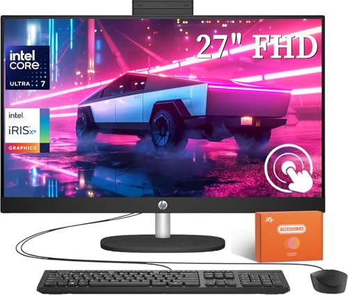 Image of HP All-in-One Desktop Computer, 27 inch FHD Touchscreen, Intel 12-core Ultra 7 155U, Intel IrisX Graphics, 64 GB DDR5, 2 TB SSD, Windows 11 Pro, with Bonus Accessories