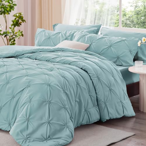 Image of BEDELITE Queen Comforter Set Dusty Blue,Lightweight & Soft Comforter | Pintuck Boho Bedding, Warm & Cute Bed Set for All Season,With 2 Pillowcases