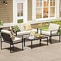NATURAL EXPRESSIONS 4 Pieces Patio Furniture Sets,Metal Outdoor Patio Furniture Sets,Outdoor Sectional Furniture Patio Conversation Set,Wooden Anti-Scald Armrest,Sling Mesh,4" Olefin Cushions