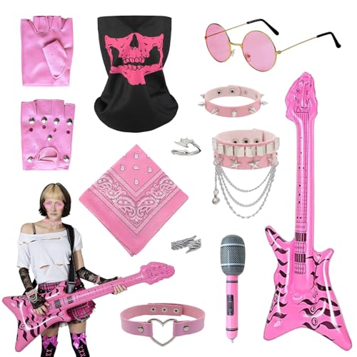 Carreuty 11Pcs Pink Rock Star Fancy Dress Set, Gothic Rocker