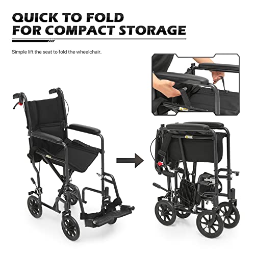 Monibloom Wheelchairs For Adults 16 Inch Seat Folding Compact Transport Chair With Loop-Lock Handbrakes And Back Folds Down Foldable Lightweight Wheel Chair For Storage, 250 Lbs Capacity, Black #TOP6