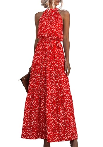 EFOFEI Lady's Party Boho Boho Dress Sexy Casual Date Dress Polka Dot Floral Dress Long Belted Sun Dress Dot Orange Red L