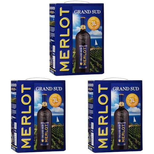Grand Sud - Merlot aus Süd-Frankreich - Sortentypischer Trocken Rotwein - Großpackungen Wein Bag in Box 3l (1 x 3 L) (Packung mit 3)