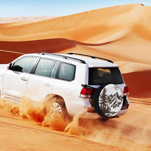 Image of Camper Spare Tire Cover 13 Inch Mountains with A Compass Polyester Universal Spare Wheel Tire Cover Wheel Covers Wildlife Compass Universal Fit for Trailers SUV Truck Camper Travel