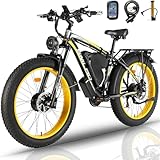 (US Warehouse) SMLRO XDC600 Plus Dual Motor AWD 22.4AH 2000W 26' Fat Tire Electric Bike 35MPH, 21 Speed Mountain Ebike Suspension with Lock Hydraulic Disc Brakes, Ebikes for Adults (Black & yellow)