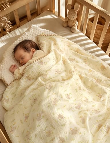 Image of Baby Blanket 40x40 Inches,Muslin Cotton and Minky Dotted Double Layer Soft Receiving Blanket for Newborn Toddler,Meadow Bunny
