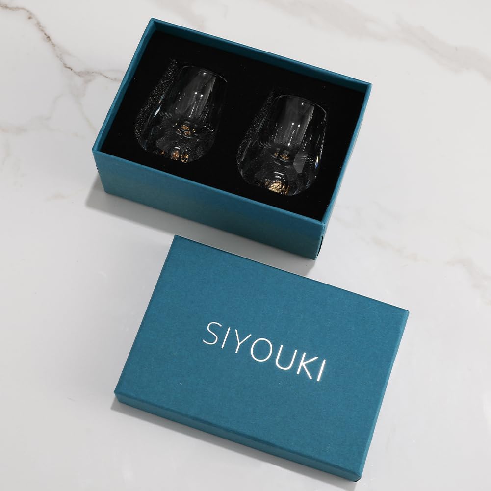 SIYOUKI Crystal Shot Glasses 0.5oz Set ，Decorated With 24K Gold Leaf Flakes, Lead-Free,Handmade Set Suitable For MaoTai,Spirits,Drinks Tastin, Gift-Box Packaging (Diamond-2PCS)