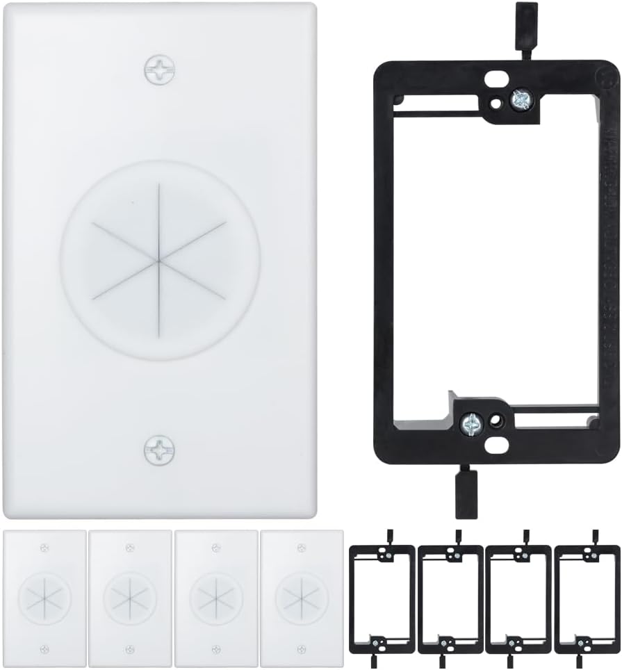 Cable Wall Plate 2 pack, 1-Gang White Cable Pass Through Wall Plate with Low Voltage Mounting Bracket, Round Silicone Passthrough for Cables and Wires of Home Theater, HDTV, Multi-media System