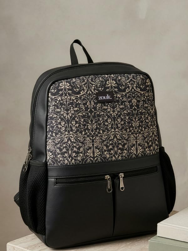 Image of ZOUK Women's Office Backpack | Vegan Leather & Handicraft Fabric | PeTA Approved | 15.6 Inch Laptop Compartment | Dual Zipper Pockets | Water Resistant | Trolley Passthrough | 17.5L