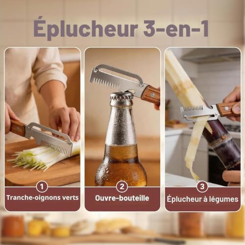 3 en 1 Éplucheur de légumes multifonction pour la cuisine avec lame en acier inoxydable ultra-aiguisée et manche en bois ergonomique, Râpe multifonction, avec Ouvre-Bouteille (Couper + éplucher) – vue 2