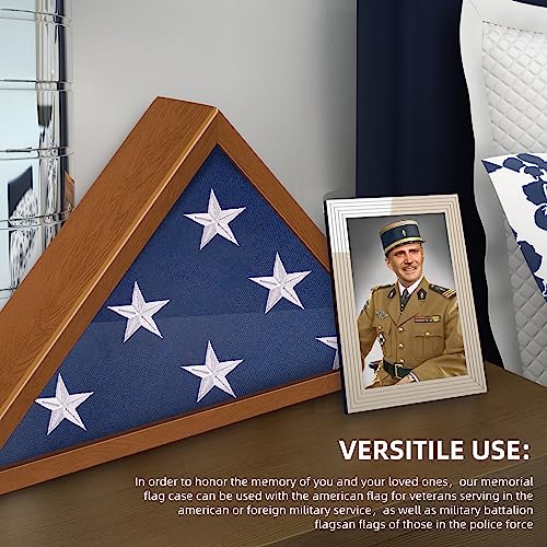 DANF Flag Display Case for 5\' x 9.5\' American Veteran Burial Flag, Brown Wooden Frame Case Fits a Folded Military Flag, Triangle Flag Shadow Box with Wall Mount and Acrylic Front
