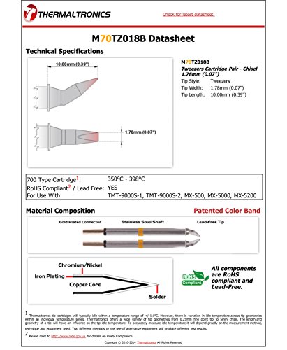 Image of Thermaltronics M70TZ018B Tweezers Cartridge Pair - Chisel 1.78mm (0.07in)