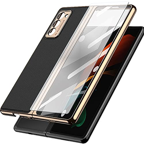 Étui en Cuir végana pour Samsung Galaxy Z Fold 2 avec Film en Verre trempé, étui de Protection en Fibre de Carbone de Luxe, Coque Antichoc Tout-en-Un pour Galaxy Z Fold 2 (Noir) Cover