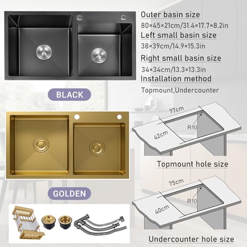 Fregadero de acero inoxidable dorado rectangular grande 80x45cm sobre encimera 7