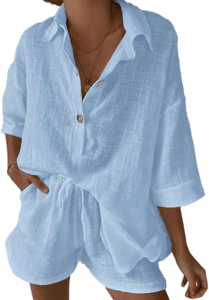 Kinghua Womens 2 Piece Outfits Spring Summer Casual Cotton Linen Button Down V neck Half Sleeve Shirts and Shorts Sets