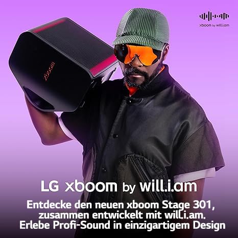LG xboom Stage 301 by will.i.am, tragbarer Bluetooth-Lautsprecher (Signature Sound, Karaoke- & DJ-Funktionen, IPX4, bis zu 12 Std. Akkulaufzeit), Schwarz [Modelljahr: 2025]