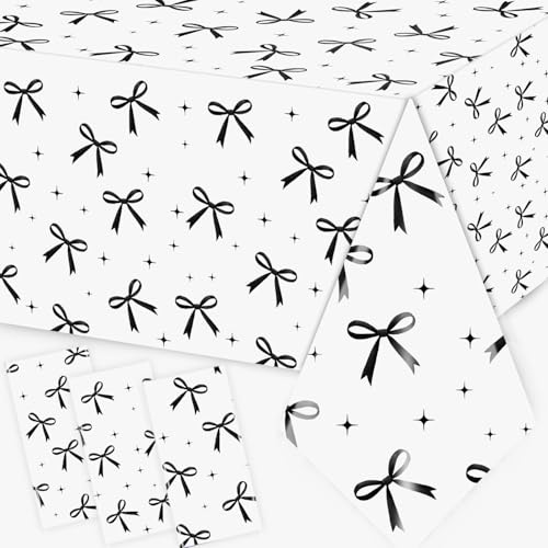 GREHUMOR 3 Pack Black Bow Tablecloth Coquette White Black Bow Theme Party Decorations Disposable Rectangle Waterproof Table Cover for Women Girls Bachelorette Birthday Party Supplies Decor