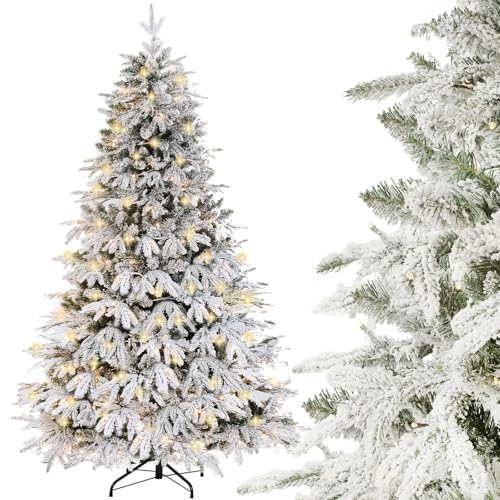 DEWUR Árbol de Navidad Artificial con iluminación y Nieve, Soporte de Metal (150 cm)