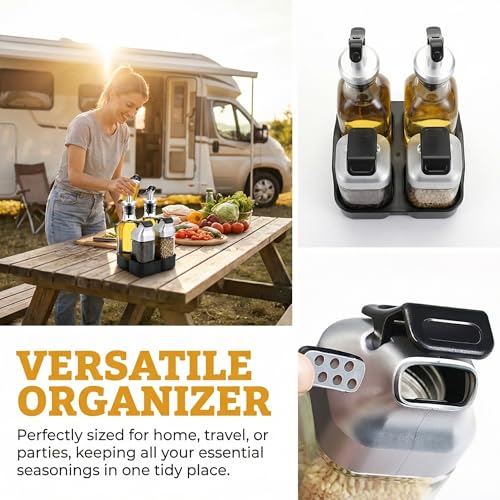 Jucoan 5 PCS Oil Vinegar Dispenser Bottles Set with Caddy Stand, Tabletop Glass Salt Pepper Shaker Olive Oil Vinegar Cruets Set with Tray for Home Kitchen Restaurant RV Camp Travel Wedding Party - Thumbnail 7