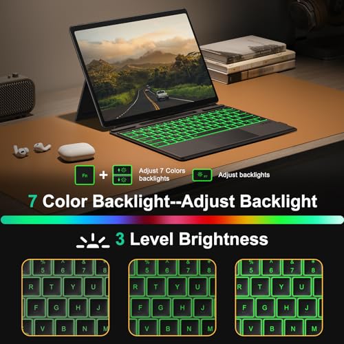 TECURS Bluetooth Keyboard for Microsoft Surface Pro 11/10/9/8/X (13") - Charging Via Type-C Cable(Included), 7-Color Backlit, Trackpad, Pencil Slot, Bluetooth Manual Pairing Type Cover Keyboard