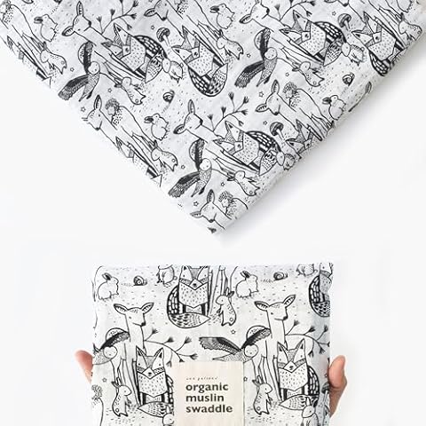 Wee Gallery, Organic Muslin Swaddle - Forest - Woodland Animals Design, Black and White for Baby Visual Development, Quality Cotton Swaddling or Receiving Blanket Cover