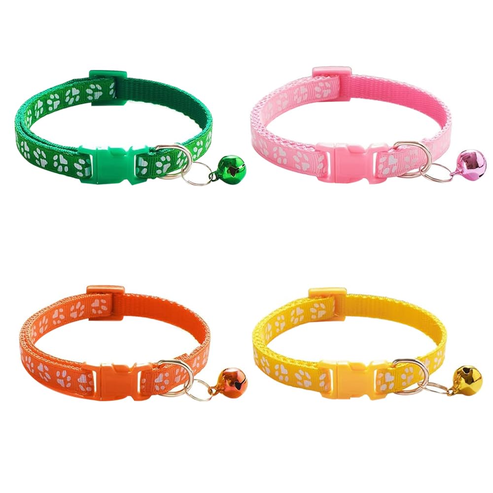 POFET 4 Pcs Adjustable Dog Collar Set, Quick Release, Soft Nylon, Multicolor, Paw Pattern, 19-32cm, Small, Medium Dogs, Cats - Image 2