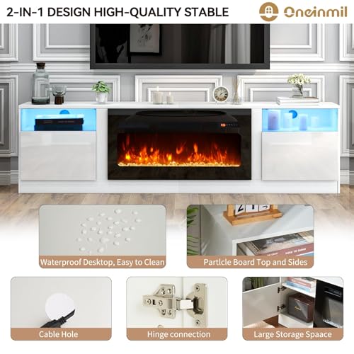 MXV Fireplace TV Stand with 36'' Electric Fireplace Up to 90" TVs, LED Light Entertainment Center, Modern Wood Texture Entertainment Stand with Highlight Storage Cabinet, White-Black1