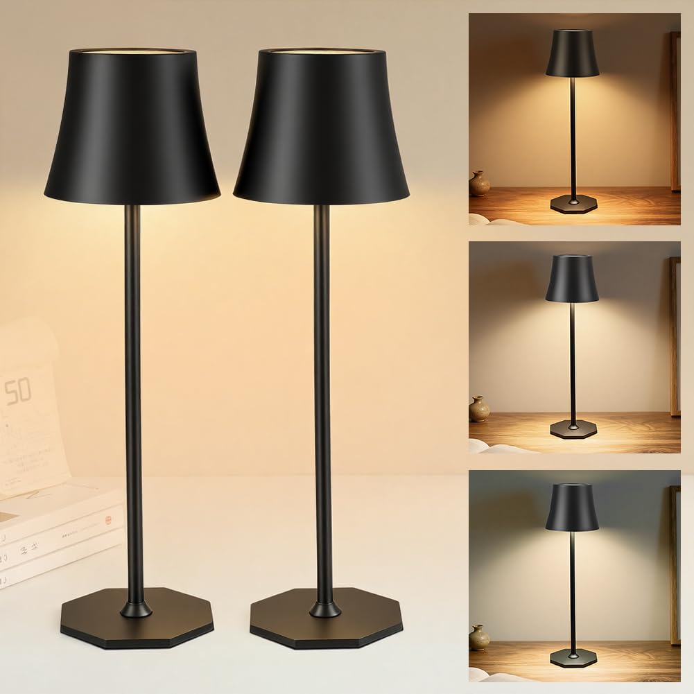 2pcs Lampada da Tavolo LED Senza Fili, 3 modalità Colore,Nero | Lampada da Tavolo Ricaricabile e Senza Fili con Controllo Touch, Altezza Regolabile, Lampada da Comodino, Lampada da Lettura